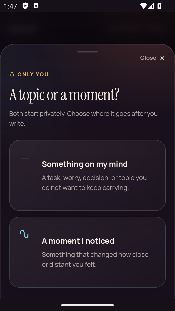 Sayward capture choices: Something on my mind for a task, worry, decision or topic, and A moment I noticed for closeness or distance.