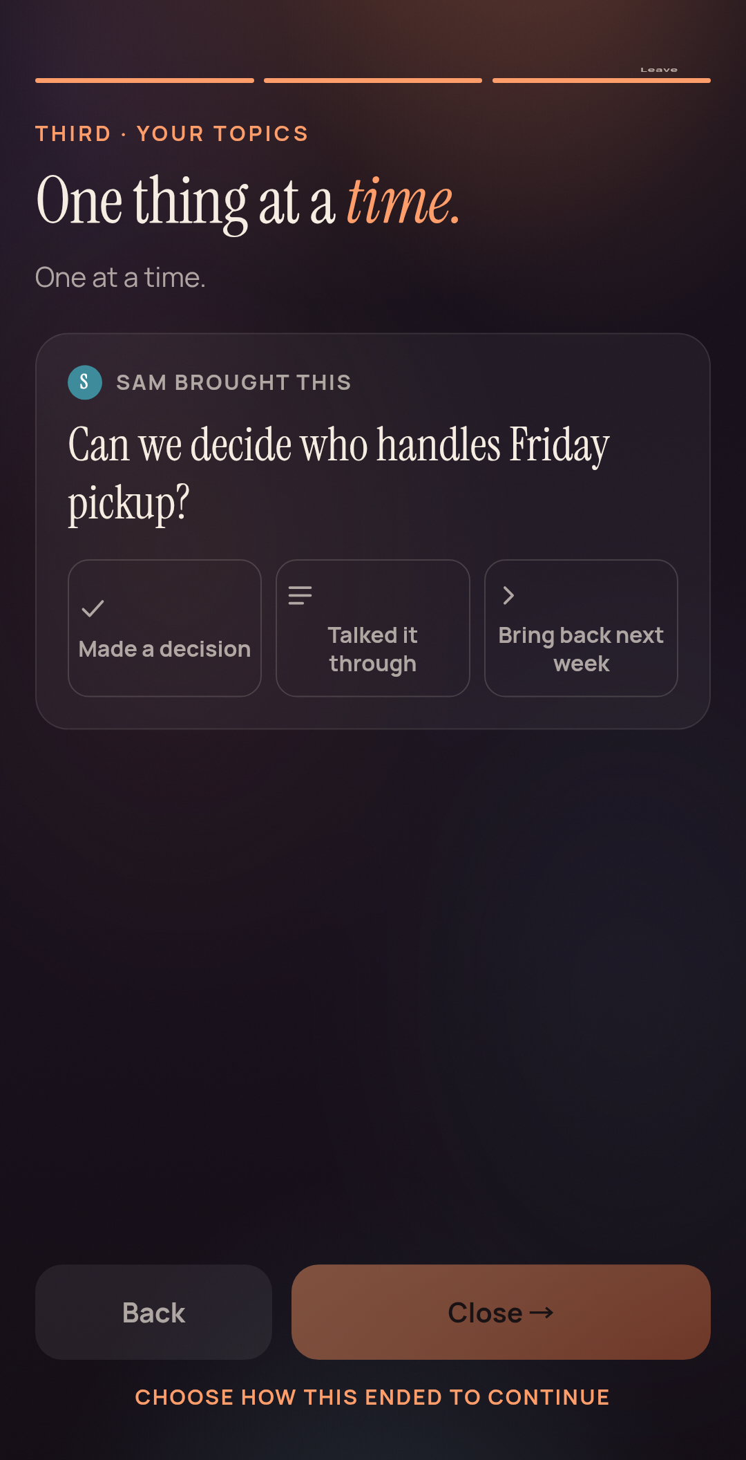 Sayward meeting topic Can we decide who handles Friday pickup, with Made a decision, Talked it through, and Bring back next week outcomes.