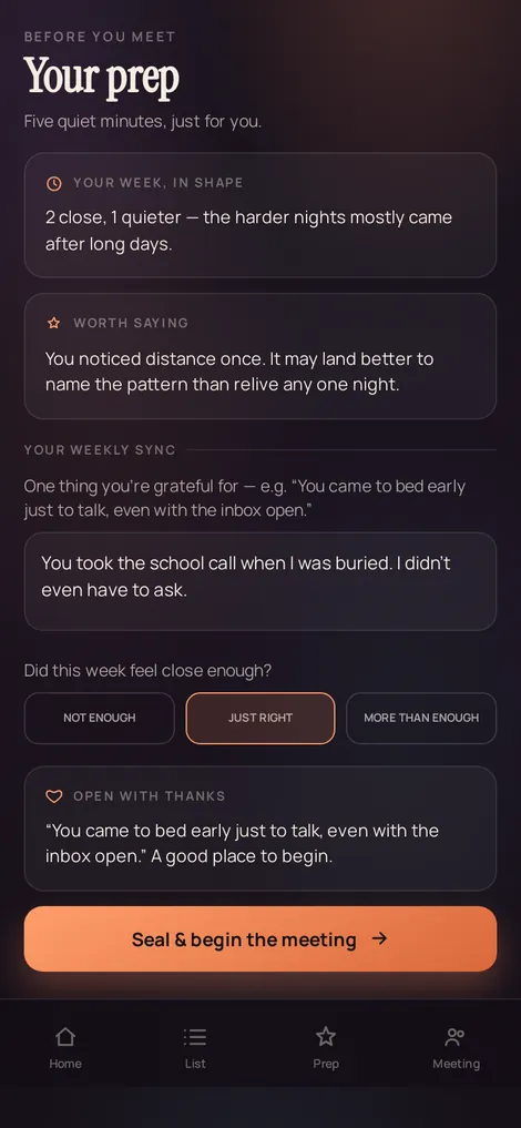 Sayward prep screen — a short brief drawn from your own week, before you meet.